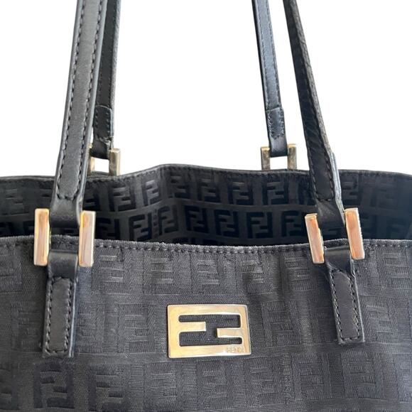 Fendi Women’s Vintage 2005 Zucchino FF Top Handle Canvas Black Silver Tote Purse - Picture 2 of 13